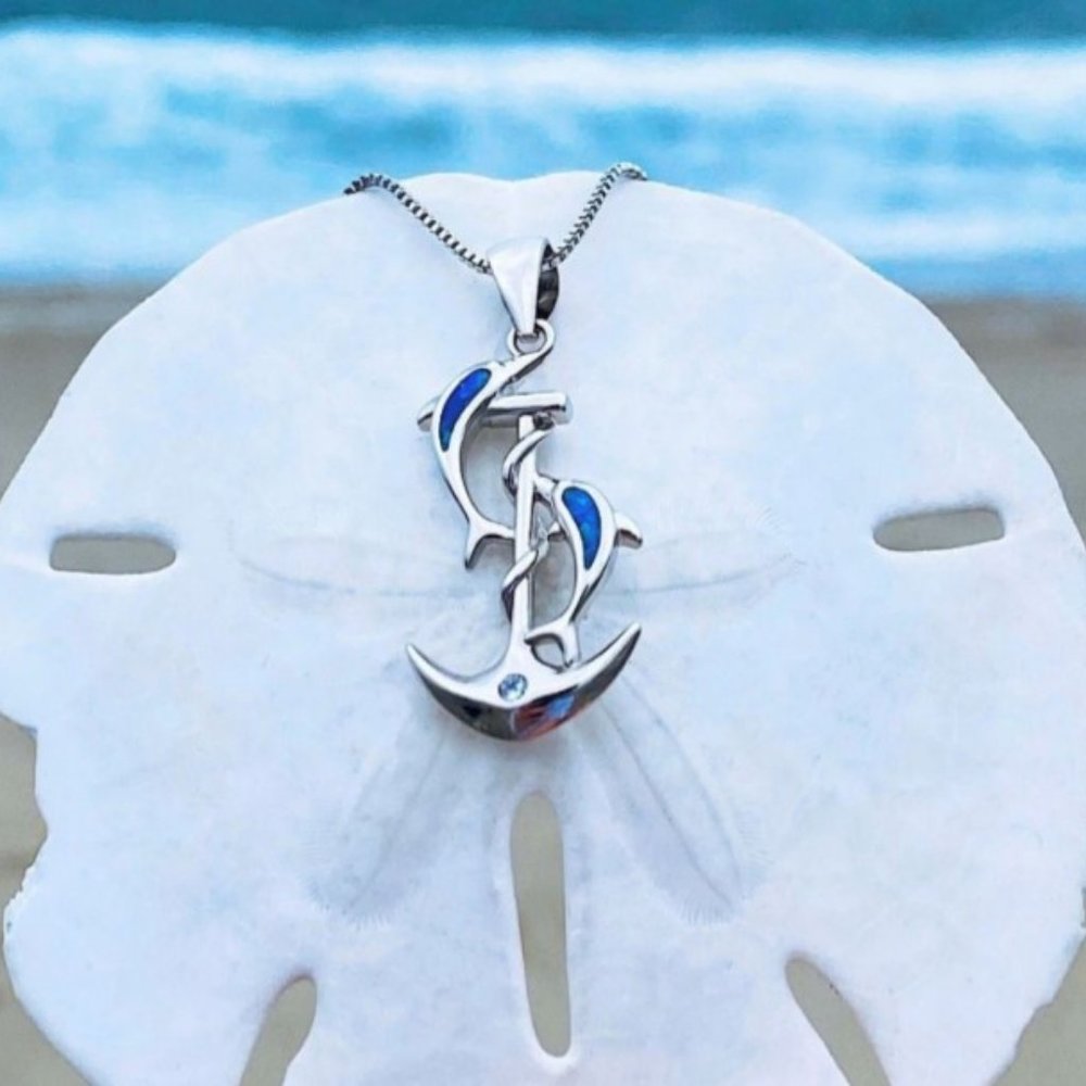 NWT Austrian Blue Opal and CZ Sterling Silver Dolphin and Anchor Pendant/Chain
